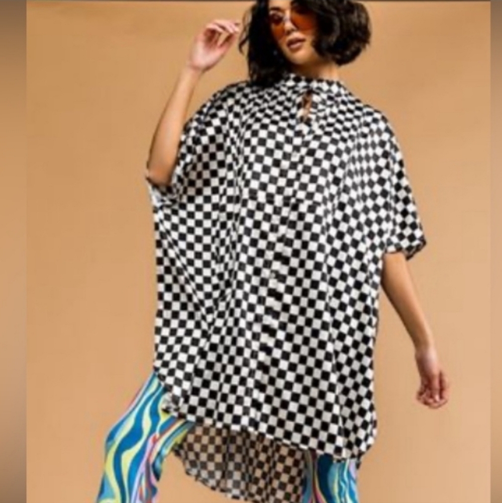 Dressed in lala satin checkered top with 2 small blemishes, size L
